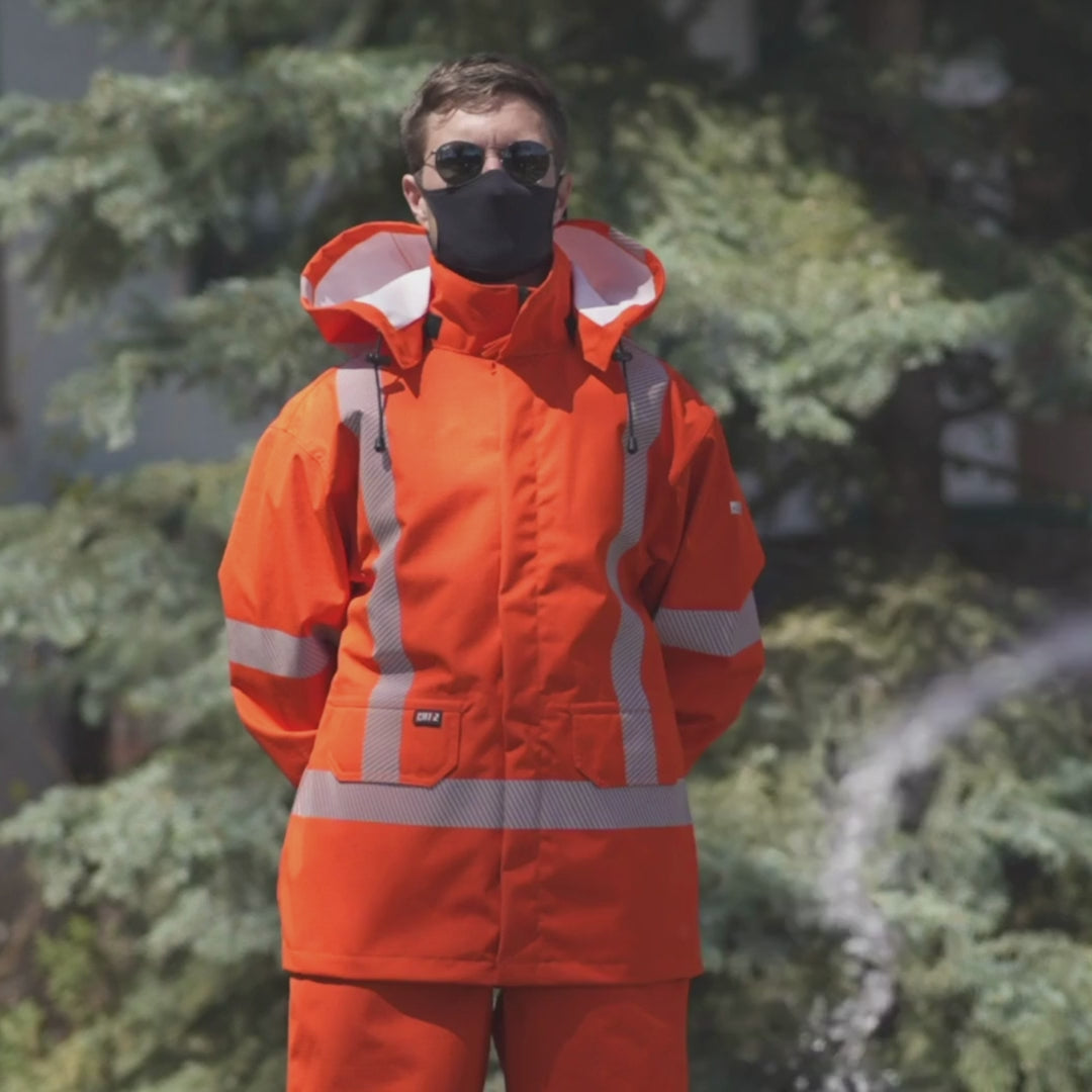 MWG STORMSHIELD Men's FR Rain Jacket. FR Rain Jacket is orange with silver reflective on torso and sleeves. FR Rain Jacket is CAT 2 FR.