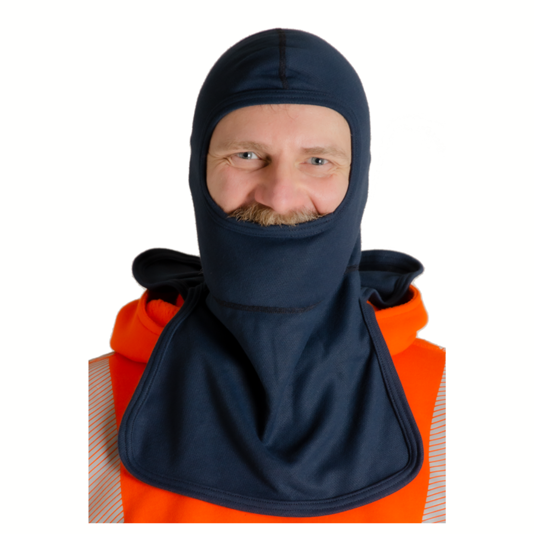 Image of MWG TRANSMISSION flame-resistant balaclava. FR balaclava is navy in colour and made with a lightweight, inherent FR fabric. Model is wearing balaclava on head, covering lower face and neck.