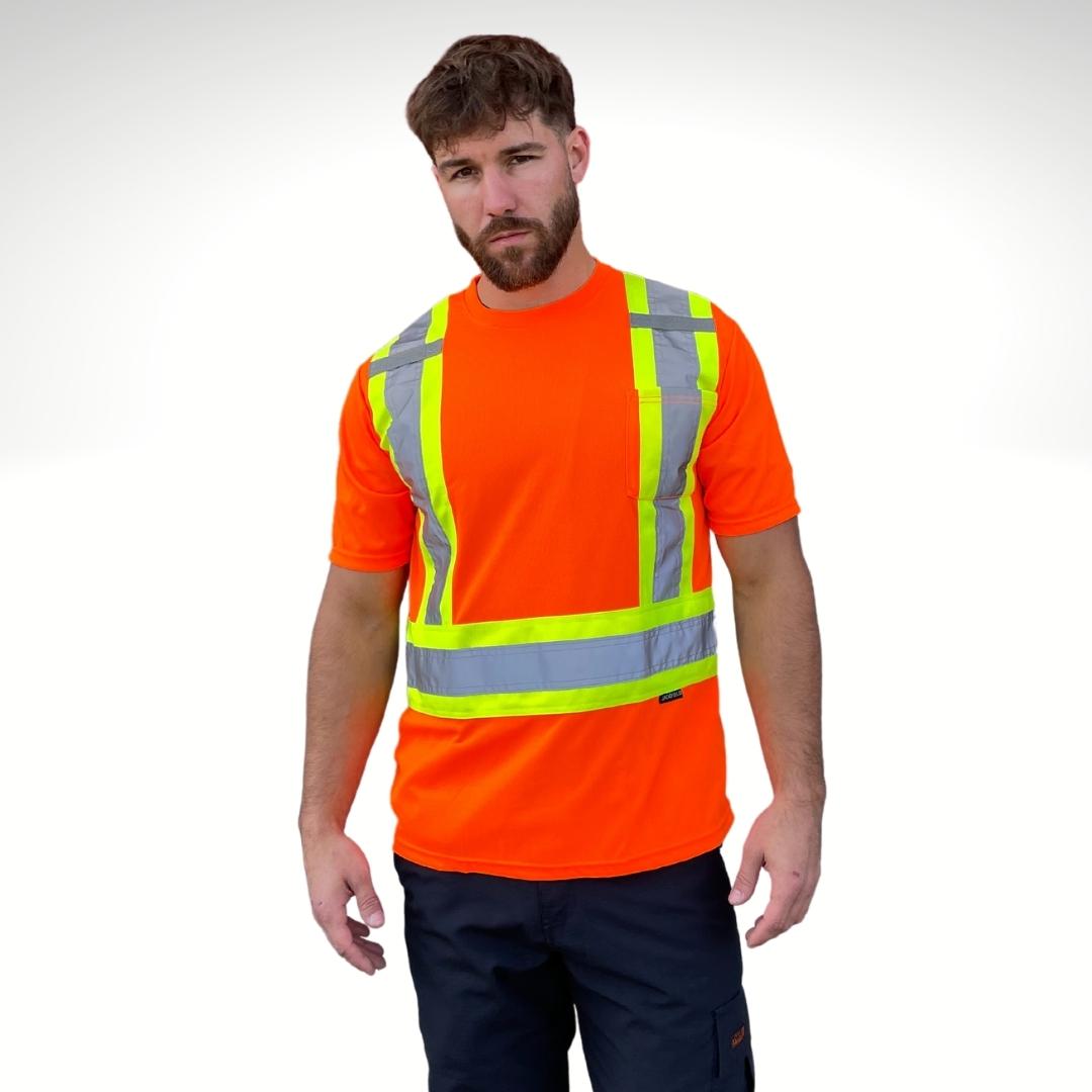Men's Hi-Vis T-Shirt. Men's Hi-Vis T-Shirt is bright orange with yellow/silver/yellow reflective striping on torso for high-visibility. Men's Hi-Vis T-Shirt is made with polyester for fluorescent colour.