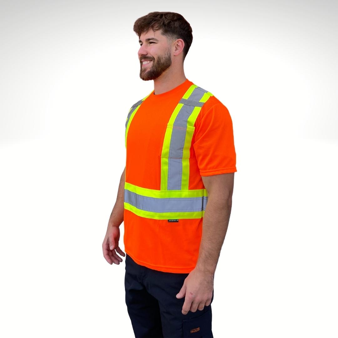Men's Hi Vis T-Shirt. Hi Viz T-Shirt is bright orange with yellow /silver/yellow reflective for high-visibility. Hi-Vis T-Shirt has a radio clip on each shoulder. Hi-Viz T-Shirt is made with polyester for fluorescent color.