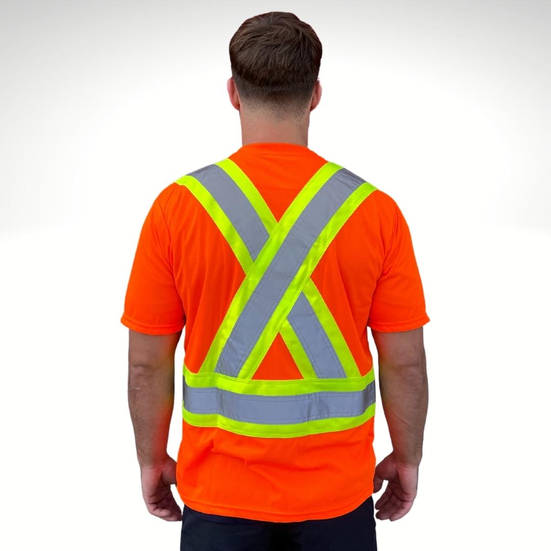 Men's Hi-Vis T-Shirt. Hi-Vis T-Shirt is bright orange with a yellow/silver/yellow stripe in an X on the back for high-visibility. Men's Hi-Viz T-Shirt is made with polyester for fluorescence. 
