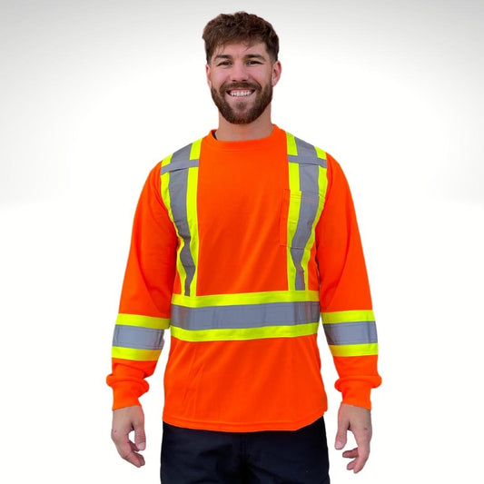 Men's Hi-Vis Shirt. Men's Hi-Vis Shirt is bright orange with yellow/silver/yellow reflective striping on torso and sleeves for high-visibility. Men's Hi-Vis Shirt has two radio clips and a pocket on left chest. Men's Hi-Vis Shirt is made with polyester for fluorescence.