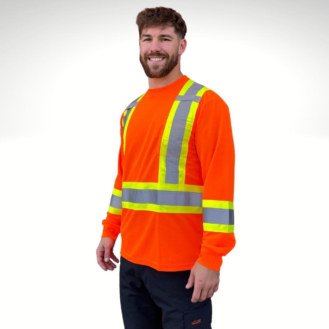 Men's Hi-Vis Shirt. Men's Hi-Vis Shirt is bright orange with yellow/silver/yellow reflective striping on torso and sleeves for high-visibility. Men's Hi-Vis Shirt has two radio clips and a pocket on left chest. Men's Hi-Vis Shirt is made with polyester for fluorescence.