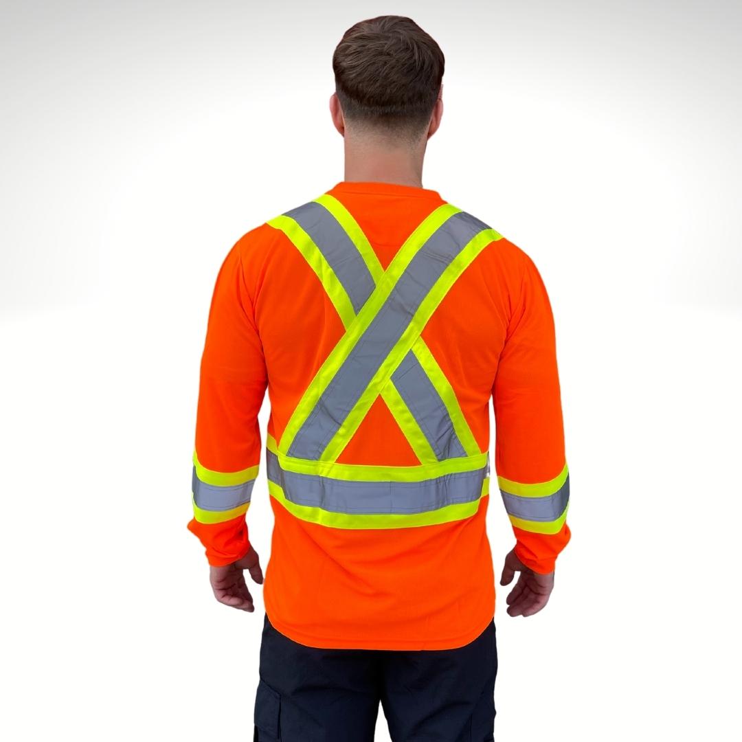 Men's Hi-Vis Shirt. Men's Hi-Vis Shirt is bright orange with reflective in an X pattern on back for high-visibility. Hi-Vis Shirt is made with polyester for fluorescent color.