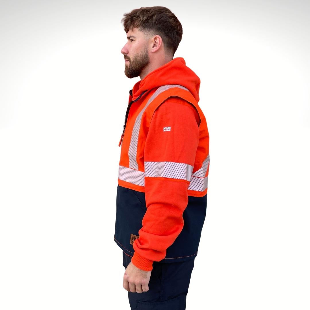 MWG STORMSHIELD Men's FR Vest. FR Vest is bright orange and navy with silver reflective striping for high-visibility. Men's FR Vest is made with MWG STORMSHIELD, a waterproof FR fabric. FR Vest is made in Canada. FR Vest is designed to be worn over FR Hoodie - as pictured.