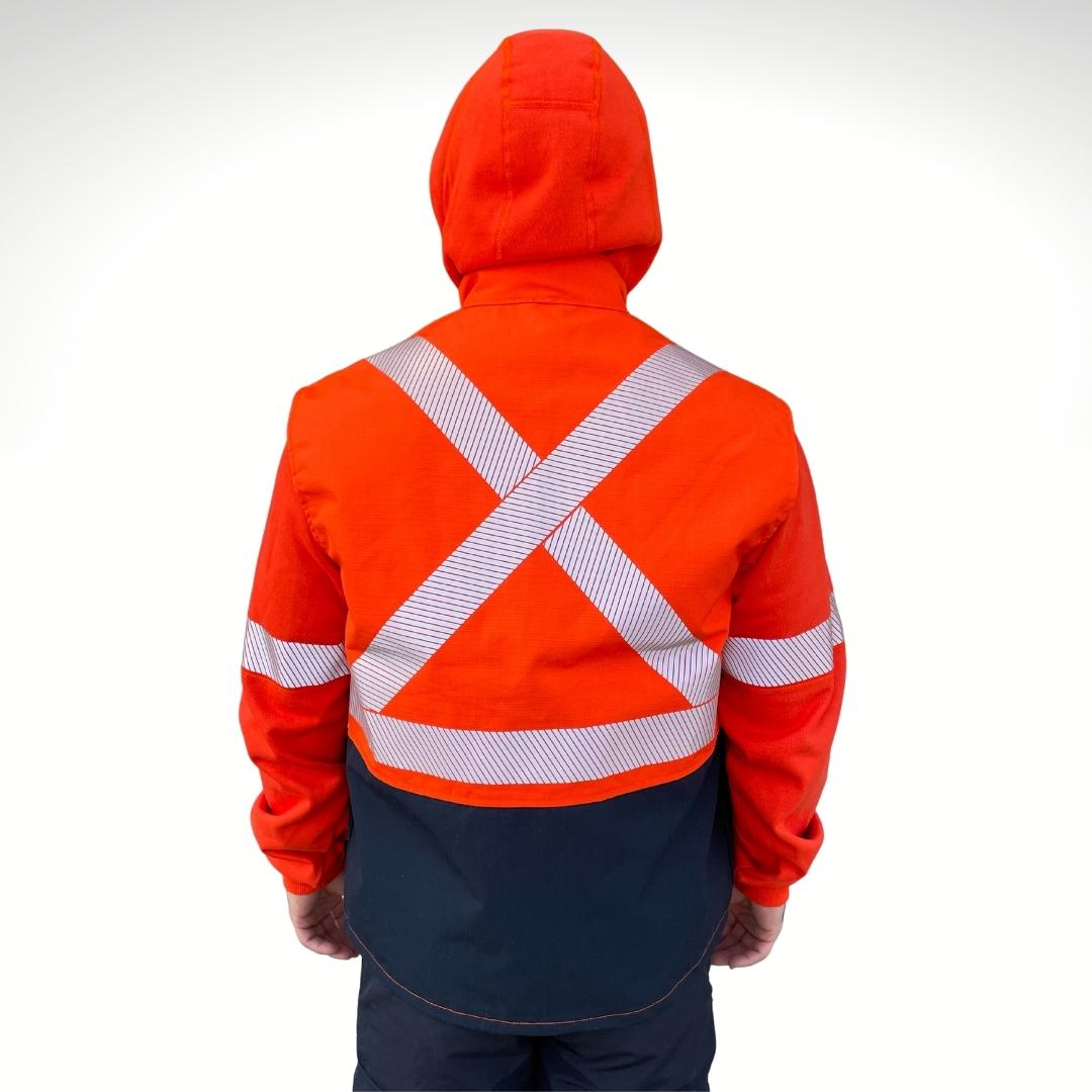 MWG STORMSHIELD Men's FR Vest. FR Vest is orange and navy with silver striping in an X on the back for high-visibility. Men's FR Vest is made with MWG STORMSHIELD, a waterproof flame-resistant fabric. Men's FR Vest is made in Canada. FR Vest is designed to be layered with FR Hoodie.