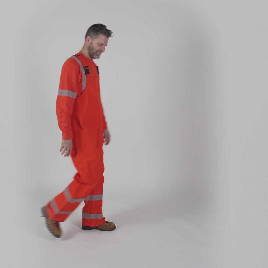 MWG STORMSHIELD Men's FR Rain Bib. FR Rain Pant is bright orange with silver reflective striping on legs. FR Rain Pant is CAT 2 FR.
