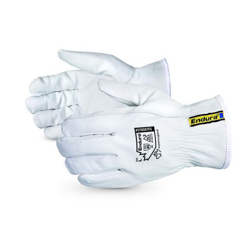 Image of ENDURA Superior Gloves. White in colour, Goat-Grain Arc Flash Cut-Resistant Driver Gloves. Goatskin provides outstanding abrasion resistance. Lining is cut and sewn from fine-gauge Kevlar for a no-bunch custom fit.