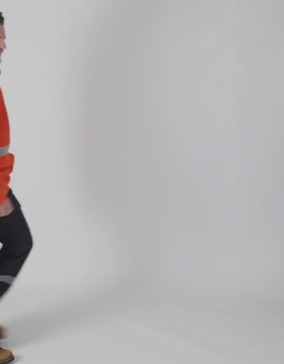 MWG BLOCKER Men's FR Hoodie. FR Hoodie is bright orange with silver segmented reflective striping for high-visibility. Men's FR Hoodie is made with MWG BLOCKER, an inherently flame-resistant heavyweight fleece. FR Hoodie has a CAT 3 FR rating.