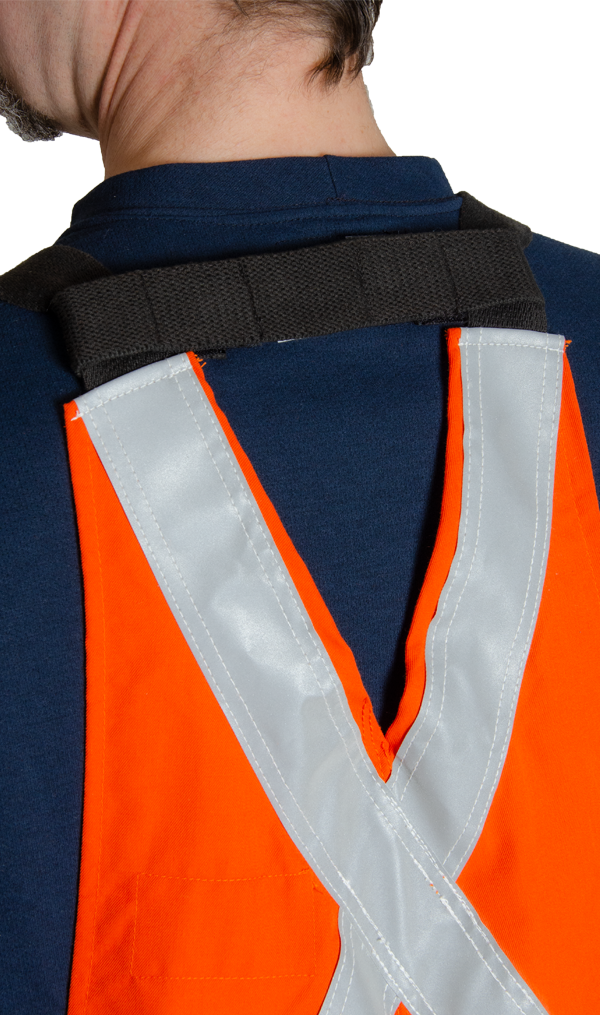 Image of back bib strap. It is bright orange in colour with silver reflective tape. 