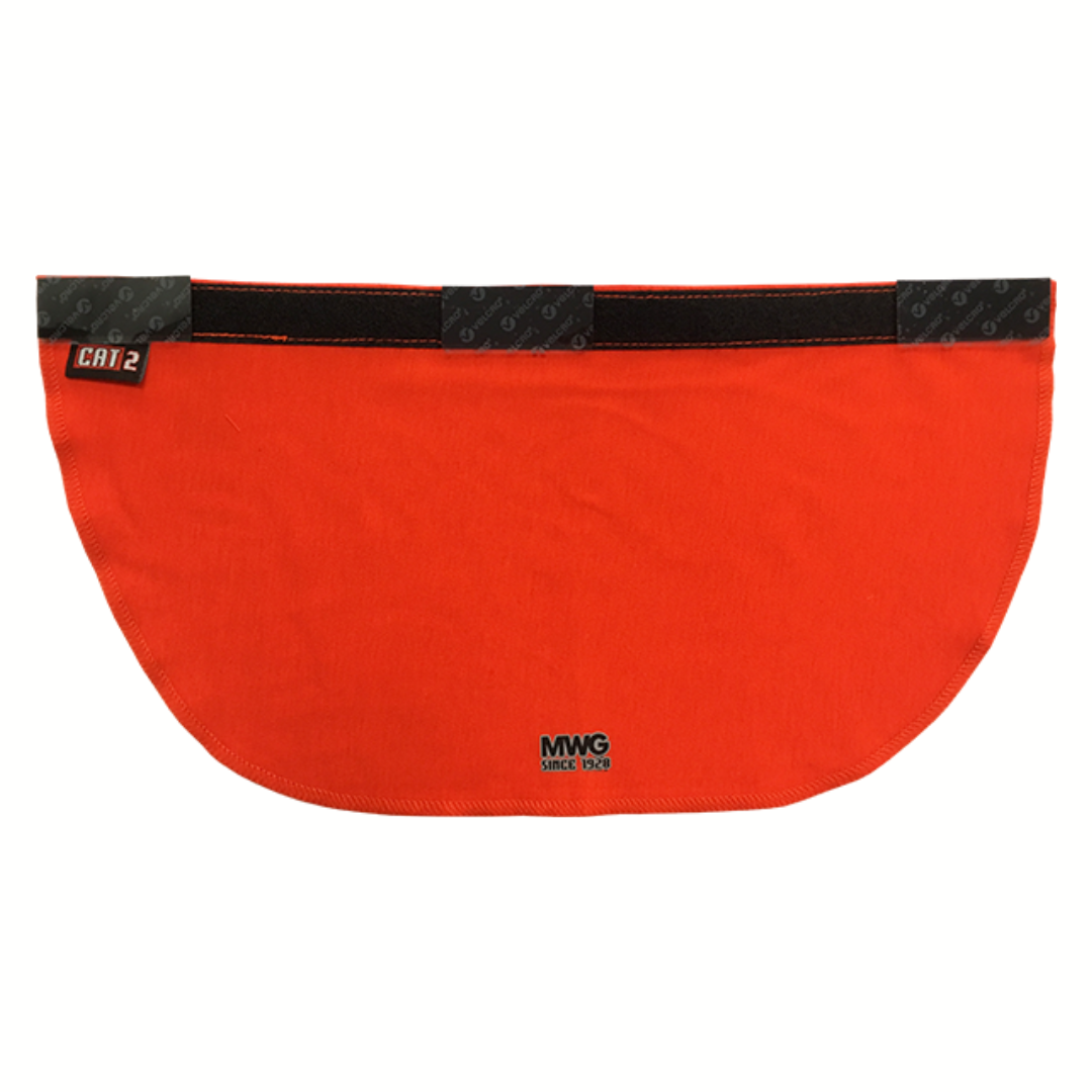 MWG EVOLUTION FR Neck Protector. FR Neck Protector is bright orange with black velcro. FR Neck Protector is designed to hang off the back of a hard hat to cover the back of neck.