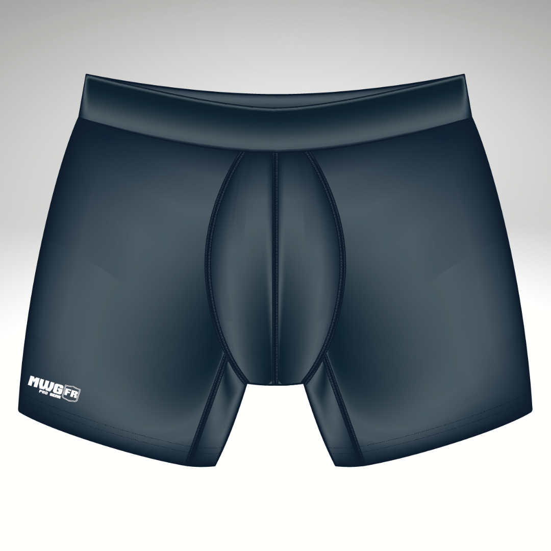 Image of MWG FLEXSAFE Men's FR Boxer Brief. FR Underwear are navy in colour with a silver MWG logo on right thigh. MWG FLEXSAFE is an inherent flame-resistant fabric.