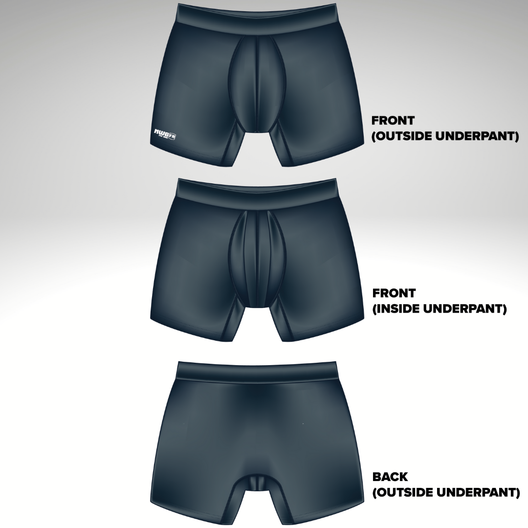 Drawing of MWG FLEXSAFE Men's FR Boxer Brief. MWG FLEXSAFE FR Underwear is navy in colour with a standard boxer brief cut. MWG FLEXSAFE is an inherent flame-resistant fabric.