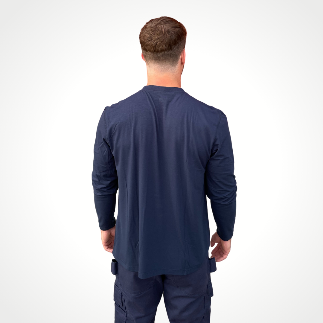 MWG FLEXSAFE Men's FR Long-Sleeve T-Shirt. Men's FR Base Layer Shirt is navy. Men's FR Base Layer Long-Sleeve is made with MWG FLEXSAFE, an inherent flame-resistant fabric. MWG FLEXSAFE is a moisture-wicking, 4-way stretch fabric. FR Base Layer shirt has CAT 1 FR rating.