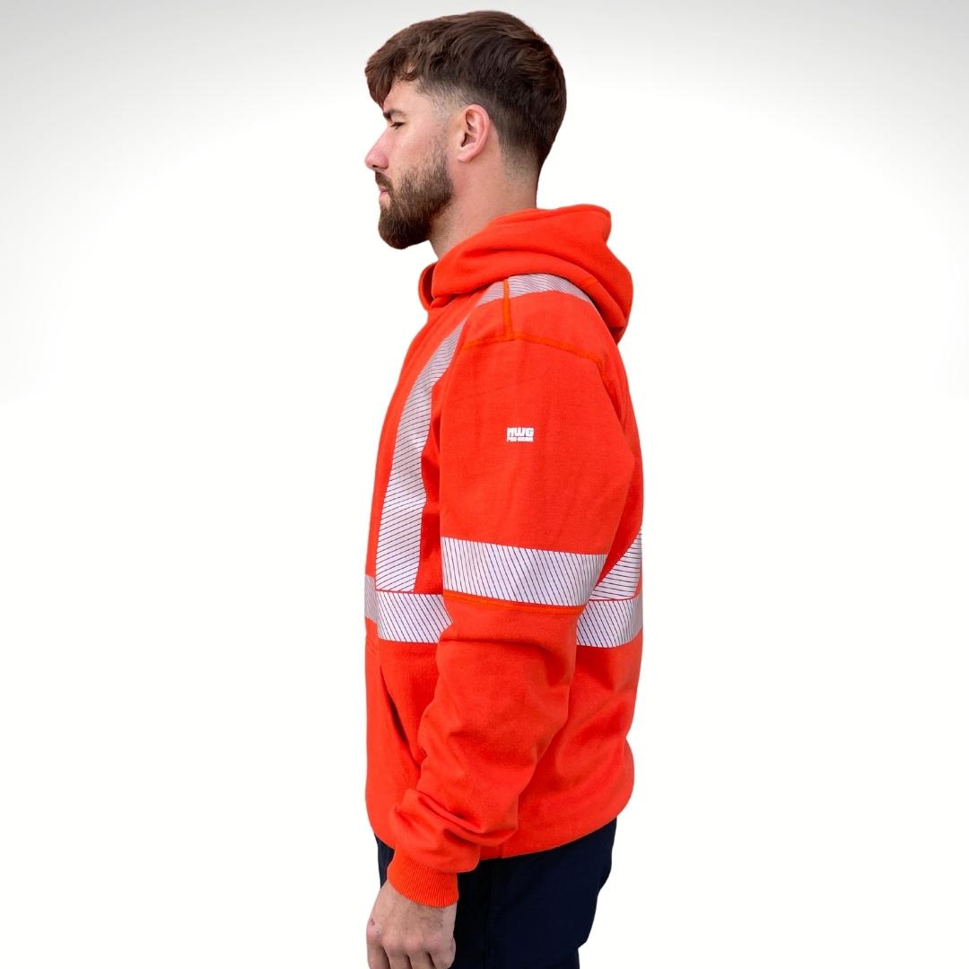 MWG BLOCKER Men's FR Pullover Hoodie. Men's FR Hoodie is bright orange with silver segmented reflective striping on torso and sleeves for high-visibility. Men's FR Hoodie has a large hood and front pocket. FR Hoodie is made with MWG BLOCKER, an inherently flame-resistant fleece. FR Hoodie is made in Canada and has a CAT 3 FR rating.