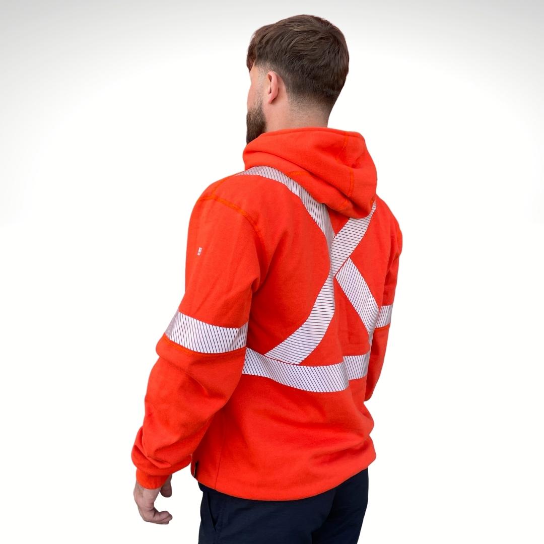 MWG BLOCKER Men's FR Hoodie. FR Hoodie is bright orange with silver reflective striping on torso and sleeves for high-visibility. FR Hoodie is made with MWG BLOCKER, a flame-resistant heavyweight fleece. Great for working outdoors in the winter. FR Hoodie has a CAT 3 FR rating.