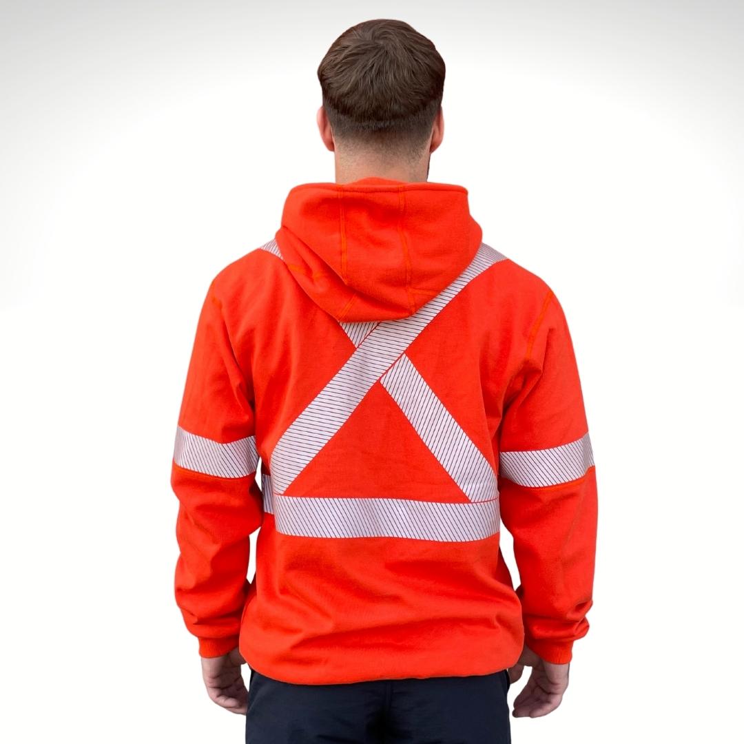 MWG BLOCKER Men's FR Hoodie. FR Hoodie is bright orange with a silver X on the back for high-visibility. FR Hoodie is made with MWG BLOCKER, an inherent FR fleece. FR Hoodie is made in Canada and has a CAT 3 FR rating.