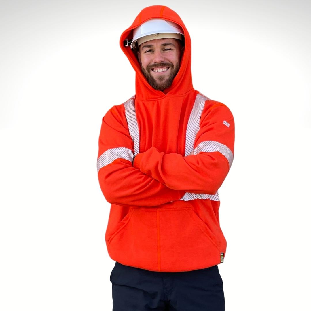MWG BLOCKER Men's FR Hoodie. Men's FR Hoodie is bright orange with silver segmented reflective on torso and sleeves for high-visibility. Men's FR Hoodie has a large hood designed to fit over a hard hat. FR Hoodie is made in Canada and has a CAT 3 FR rating.