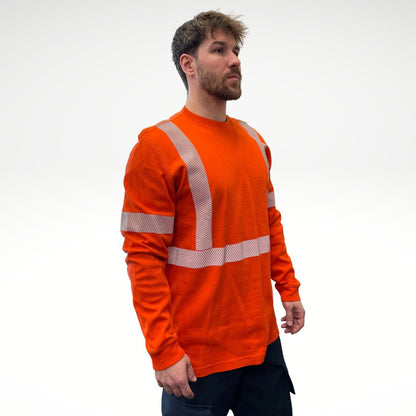 MWG COTTON COMFORT Men's FR Long-Sleeve Shirt. FR Shirt is bright orange with silver segmented reflective striping on torso and sleeves. Fire-resistant shirt is made with fire-resistant cotton. FR Shirt has a CAT 2 FR rating.