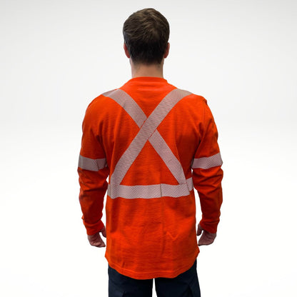 MWG COTTON COMFORT Men's FR Long-Sleeve Shirt. FR Shirt is bright orange with silver segmented reflective striping on torso and sleeves. Fire-resistant shirt is made with fire-resistant cotton. FR Shirt has a CAT 2 FR rating.