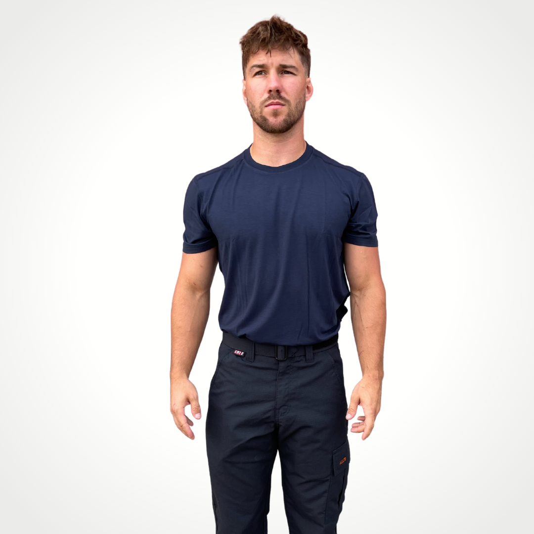 MWG FLEXSAFE Men's FR T-Shirt. Men's FR T-Shirt is navy. Men's FR T-Shirt is made with MWG FLEXSAFE, an inherently flame-resistant fabric. MWG FLEXSAFE is a 4-way stretch, moisture-wicking, breathable fabric. Men's FR T-Shirt has a CAT 1 FR rating. FR Base Layer.