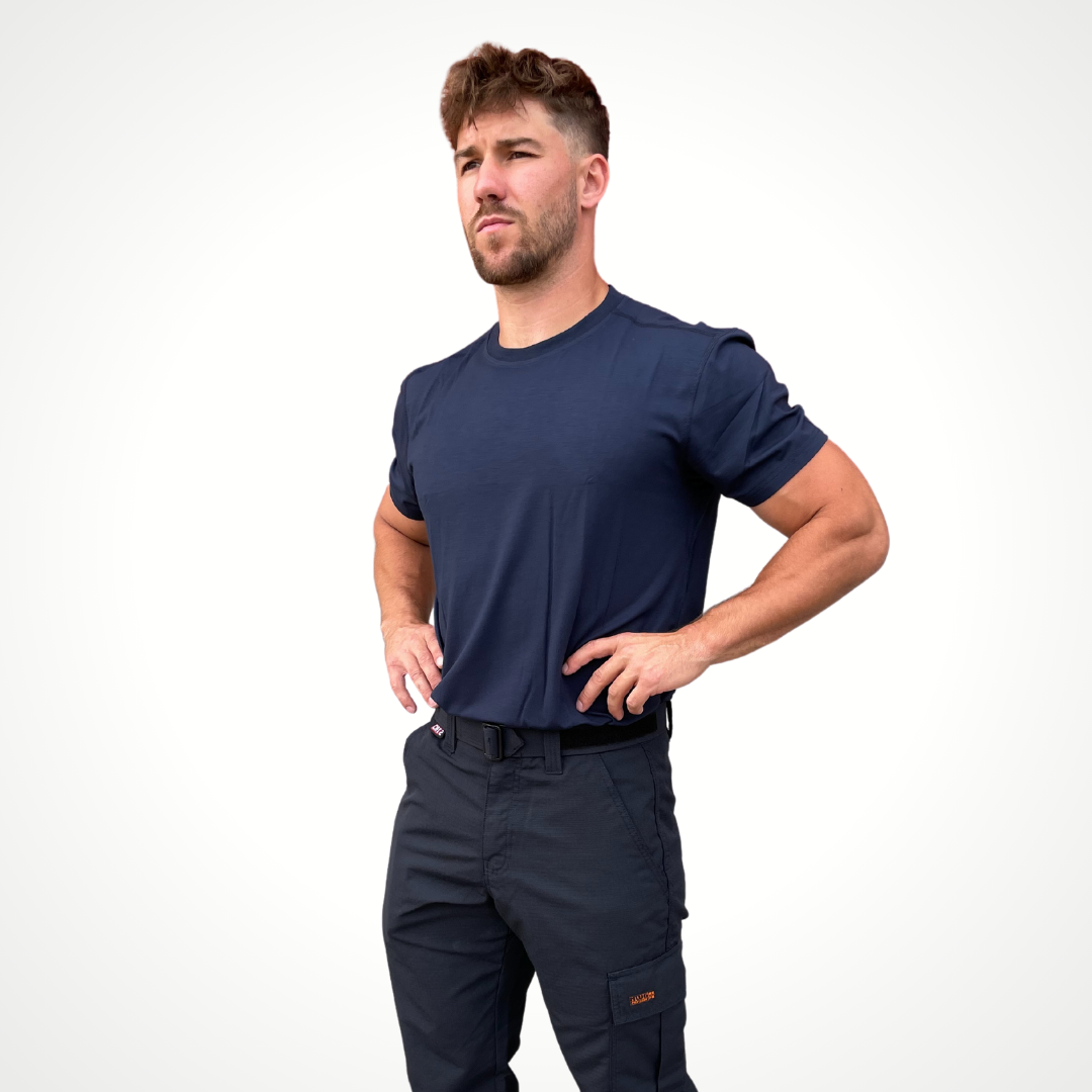 MWG FLEXSAFE Men's FR Base Layer T-Shirt. Men's FR Base Layer T-Shirt is navy. FR Base Layer is made with MWG FLEXSAFE, an inherent flame-resistant fabric. Men's FR T-Shirt is 4 way stretch, moisture-wicking, and breathable. Men's FR T-Shirt has a CAT 1 FR rating.