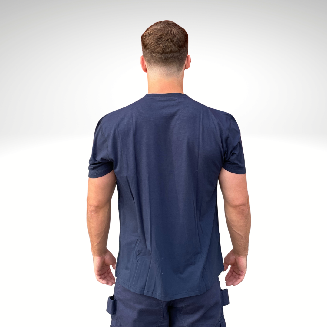 MWG FLEXSAFE Men's FR Base Layer T-Shirt. Men's FR T-Shirt is navy with flat lock seams. Men's FR T-Shirt is made with MWG FLEXSAFE, an inherent flame-resistant fabric. Men's FR Base Layer has a CAT 1 FR rating.