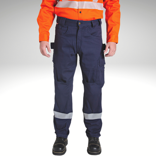 Image of MWG FLEXGUARD FR Utility Pant. MWG FLEXGUARD FR Utility Pant is navy in colour with silver segmented reflective tape wrapped around legs below the knees. Features a pocket on the knee for slip-in knee pads. MWG FLEXGUARD is a flame-resistant (FR) stretch canvas.