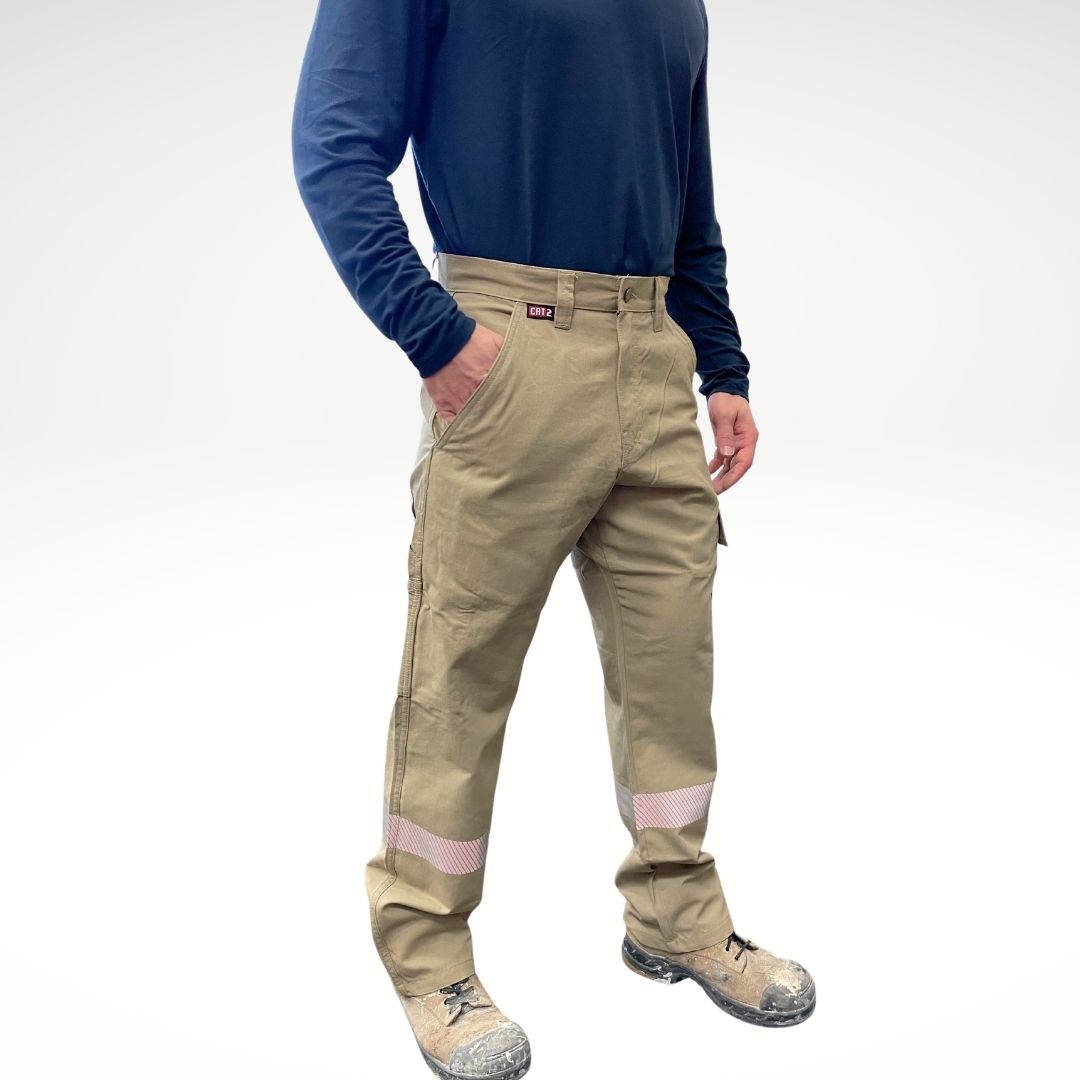 MWG COMFORT WEAVE Men's FR Pants. Men's FR Pants are tan in colour with silver reflective striping on lower legs. Men's fire-resistant pants are made with a lightweight fire-resistant fabric. Men's FR Pants are CAT 2 FR.