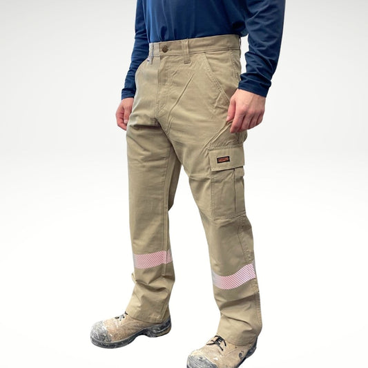 MWG COMFORT WEAVE Men's FR Pants. Men's FR Pants are tan in colour with silver reflective striping on lower legs. Men's fire-resistant pants are made with a lightweight fire-resistant fabric. Men's FR Pants are CAT 2 FR.