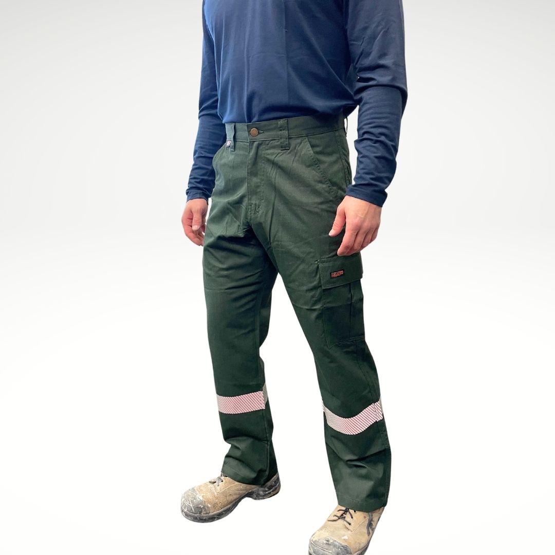 MWG COMFORT WEAVE Men's FR Pants. Men's FR Pants are green in colour with silver reflective striping on lower legs. Men's fire-resistant pants are made with a lightweight fire-resistant fabric. Men's FR Pants are CAT 2 FR.