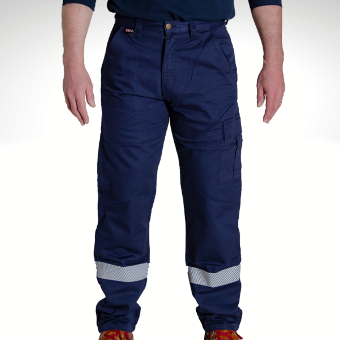 MWG COMFORT WEAVE Men's FR Utility Pant. FR Pants are navy in colour with silver segmented reflective stripe on lower leg for high-visibility. FR Pants have a cargo pocket on left leg and tool pockets on right. FR Pants have slant pockets on both hips and welt pockets on back. FR Pants are made with MWG COMFORT WEAVE, a lightweight and breathable FR fabric. FR Pants are perfect for working in warm weather.