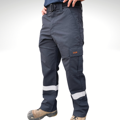 MWG RIPGUARD Men's FR Utility Pant. Men's FR Pants are navy with silver segmented reflective striping on lower leg for hi-vis. FR Pants have a cargo pocket on left leg and tool pocket on left leg. FR Pants are made with MWG RIPGUARD, a flame-resistant ripstop fabric. FR Pants are highly durable. Men's FR Pants have a CAT 2 FR rating.
