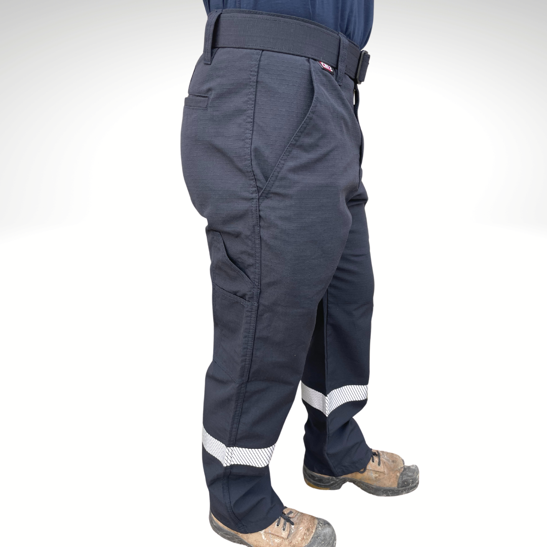 MWG RIPGUARD Men's FR Utility Pant. Men's FR Pants are navy with silver segmented reflective striping on lower leg for hi-vis. FR Pants have a cargo pocket on left leg and tool pocket on left leg. FR Pants are made with MWG RIPGUARD, a flame-resistant ripstop fabric. FR Pants are highly durable. Men's FR Pants have a CAT 2 FR rating.