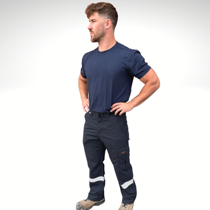 MWG RIPGUARD Men's FR Utility Pant. Men's FR Pants are navy with silver segmented reflective striping on lower leg for hi-vis. FR Pants have a cargo pocket on left leg and tool pocket on left leg. FR Pants are made with MWG RIPGUARD, a flame-resistant ripstop fabric. FR Pants are highly durable. Men's FR Pants have a CAT 2 FR rating.