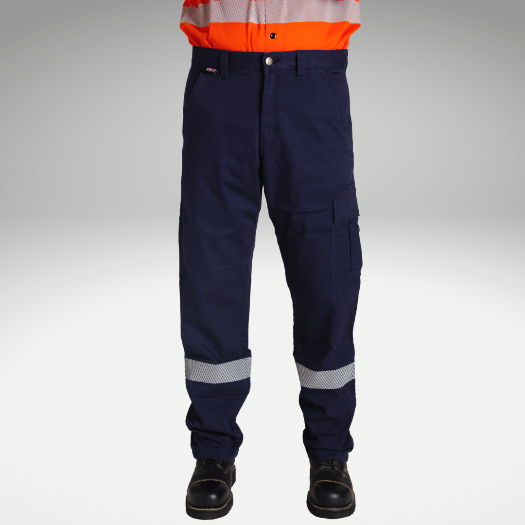 Image of MWG FLEXGUARD FR//AR Lined Stretch Canvas Utility Pant. Lined FR Stretch Pant is navy in colour with silver segmented reflective tape for high-visibility. Navy FR Pant has orange lining for warmth in the winter. MWG FLEXGUARD is a flame-resistant canvas.