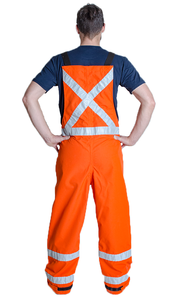 Back view of MWG FR rain resistant overall with higher back. The back sits just below shoulder blades. FR Rain Overall is bright orange in colour with silver reflective tape in an X on the back and wrapped around legs below knees. FR Rain Overall is made with an inherent flame-resistant (FR) fabric.