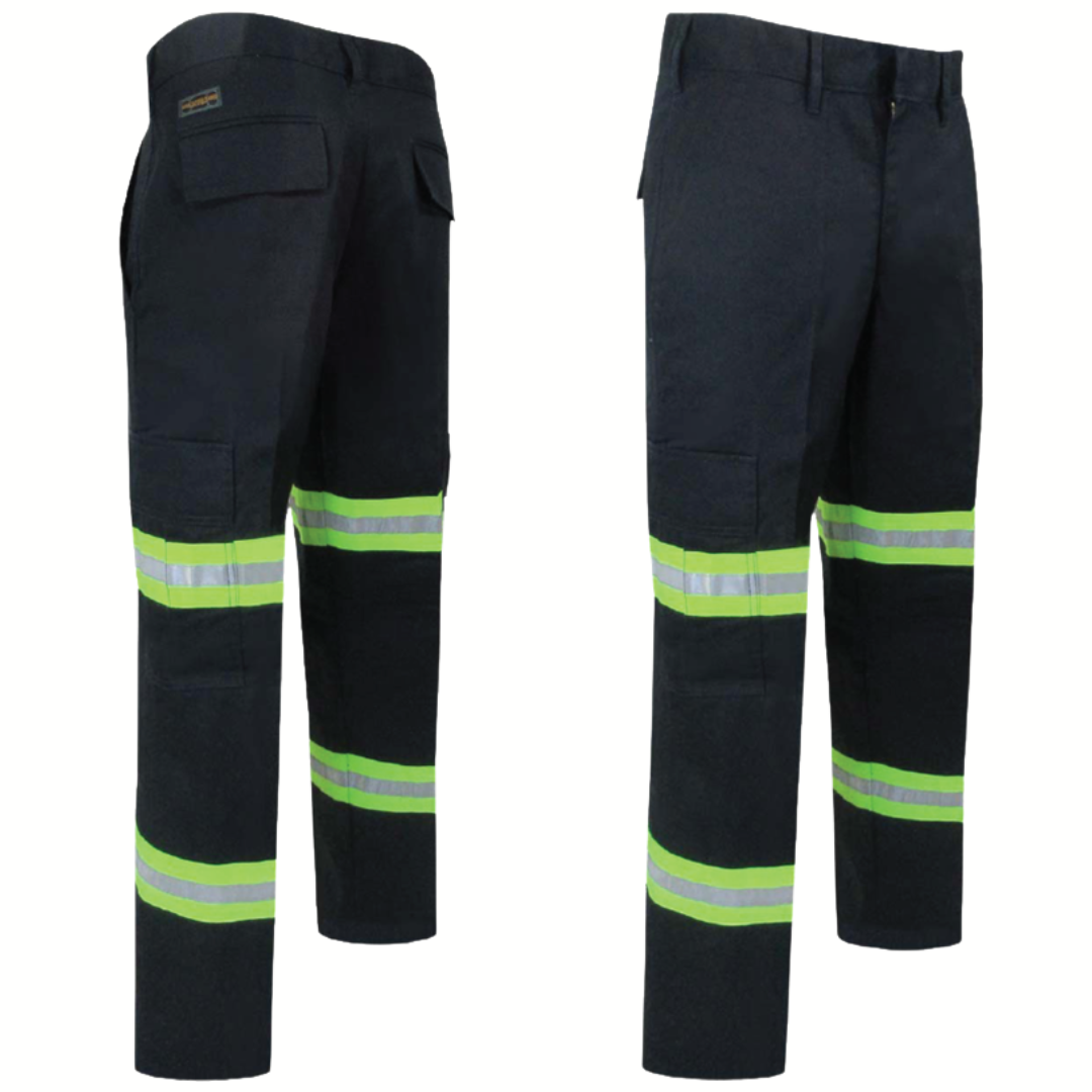 Image of Hi-Vis cargo pant. Dark navy in colour with yellow/silver/yellow reflective tape on thigh and calf of each leg. Image shows two back pockets with flaps and cargo pockets with flaps on side of each leg.