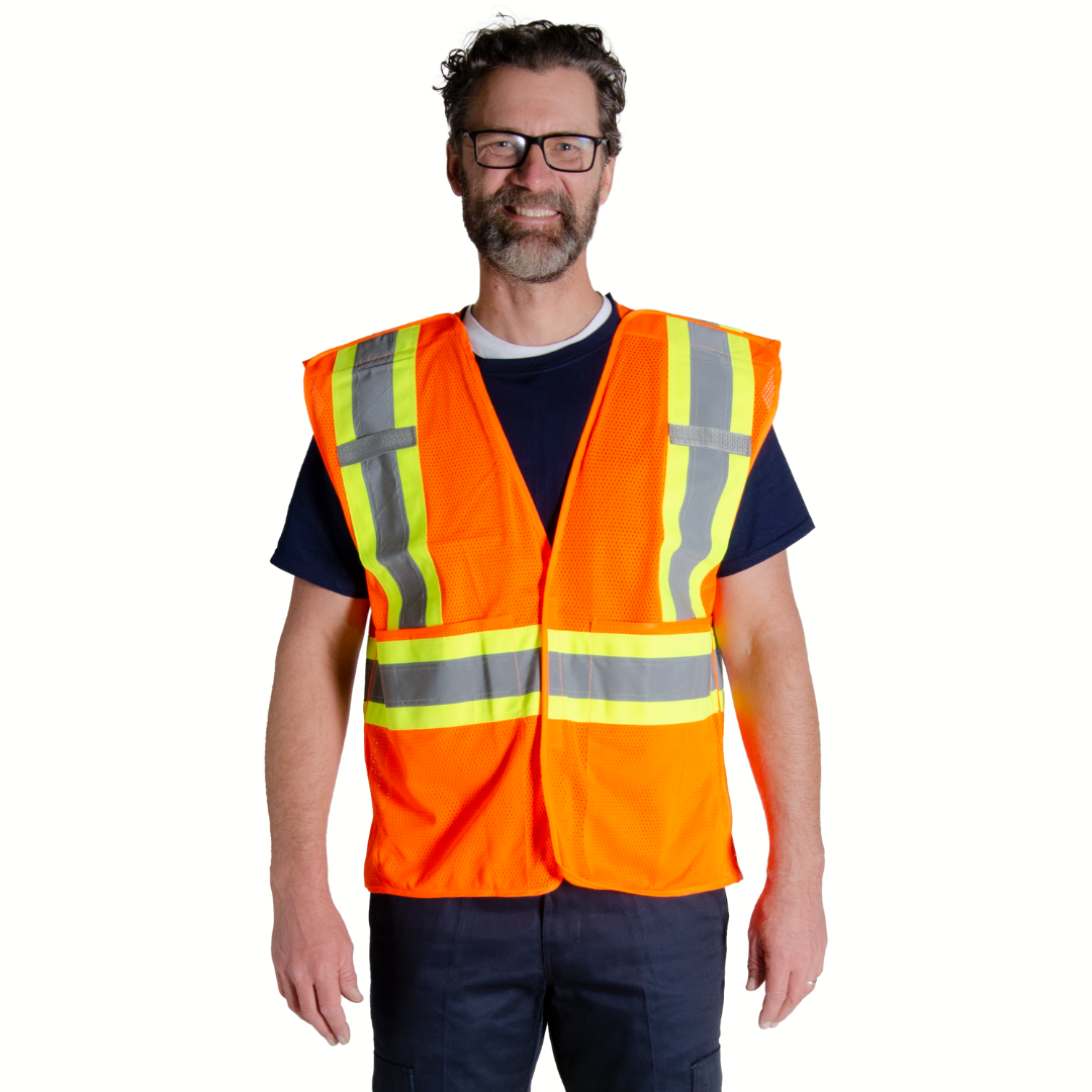 Men's Hi-Vis Safety Vest. Hi-Vis Vest is bright orange with yellow/silver/yellow reflective striping on torso. Hi-Vis Vest has two radio clips on each shoulder.