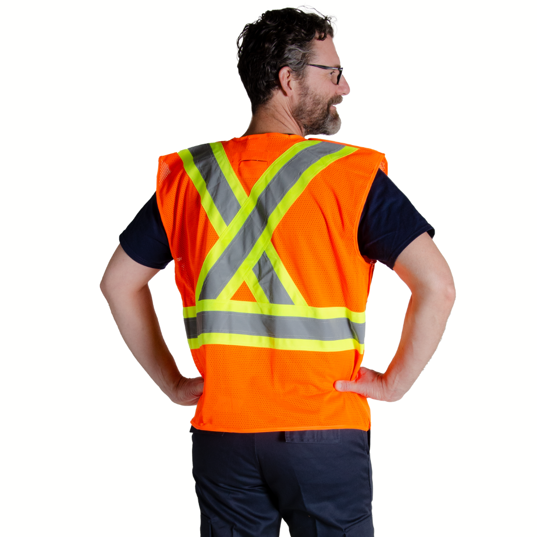 Men's Hi-Vis Safety Vest. Hi-Vis Vest is bright orange with yellow/silver/yellow reflective striping on torso. Hi-Vis Vest has two radio clips on each shoulder. Hi-Vis Vest has reflective in an X pattern on back to meet high-visibility standard.