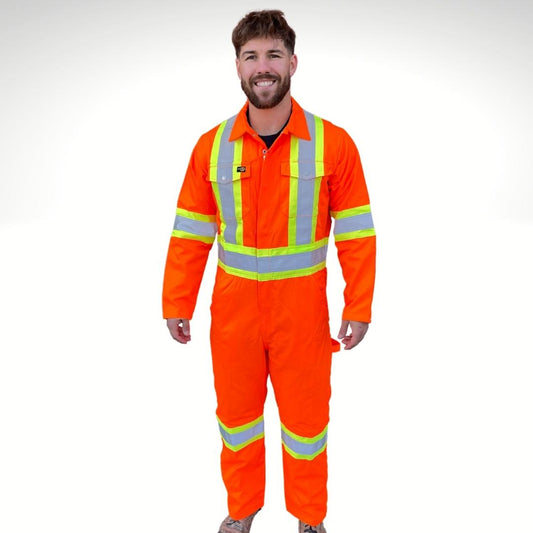 Men's Hi-Vis Coveralls. Hi-Vis Coveralls are bright orange with yellow/silver/yellow reflective striping on torso, sleeves, and lower leg. Hi-Vis Coveralls are Class 3 compliant. Hi-Vis Coveralls have two chest pockets with flaps and a zipper on front. Hi-Vis Coveralls have slash pockets on hips and tool loop on left leg.