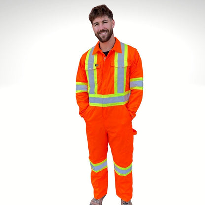 Men's Hi-Vis Coveralls. Hi-Vis Coveralls are bright orange with yellow/silver/yellow reflective striping on torso, sleeves, and lower leg for Class 3 Hi-Vis compliance. Hi-Vis Coveralls have two chest pockets with flaps. Hi-Vis Coverall has two slant pockets on hips and a tool loop on left leg.