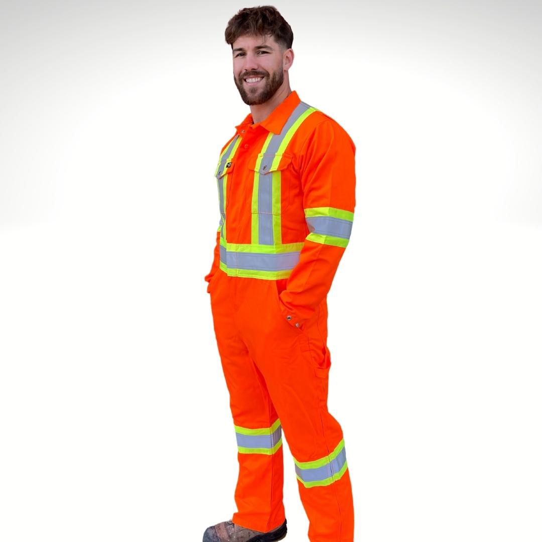 Men's Hi-Vis Coveralls. Hi-Vis Coveralls are bright orange with yellow/silver/yellow reflective striping on torso, sleeves, and lower leg for Class 3 Hi-Vis compliance. Hi-Vis Coveralls have two chest pockets with flaps. Hi-Vis Coverall has two slant pockets on hips and a tool loop on left leg.