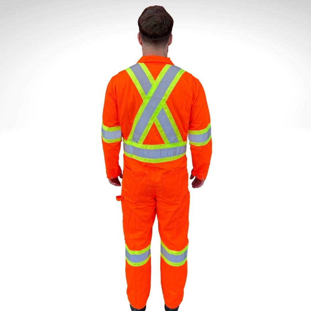 Men's Hi-Vis Coveralls. Hi-Vis Coveralls are bright orange with yellow/silver/yellow reflective striping on back in an X pattern for Class 3 Hi-Vis compliance. Hi-Vis Coveralls have two back pockets and a tool loop on left leg. Hi-Vis Coveralls have a dress shirt style collar. Hi-Vis Coverall has buttons on wrist for sleeve length adjustability.