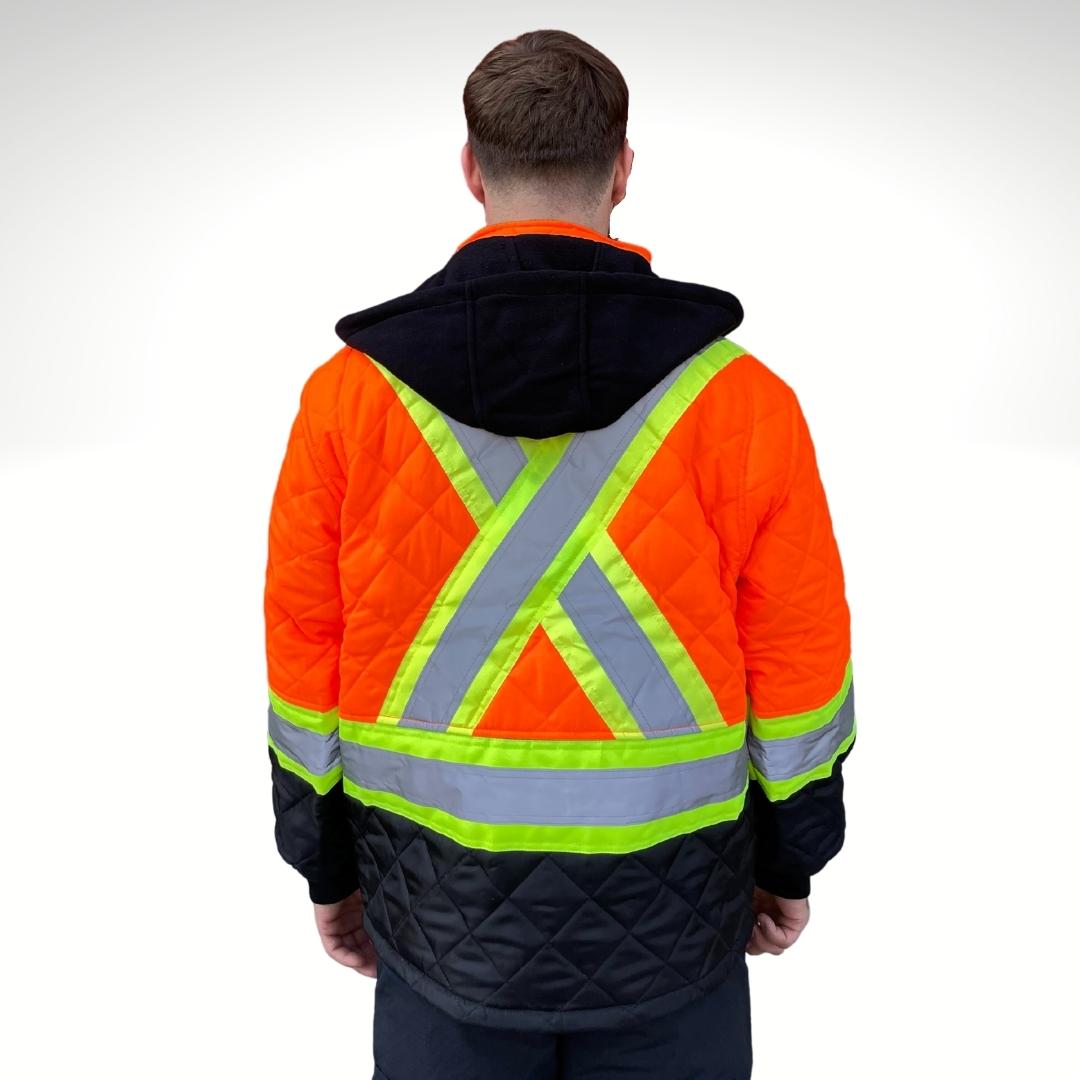 Men's Hi-Vis Freezer Jacket. Hi-Vis Freezer Jacket is bright orange and black with yellow/silver/yellow reflective striping in an X pattern on back for hi-vis compliance. Hi-Vis Freezer Jacket has a black detachable hood. Freezer Jacket is made with a diamond quilt.