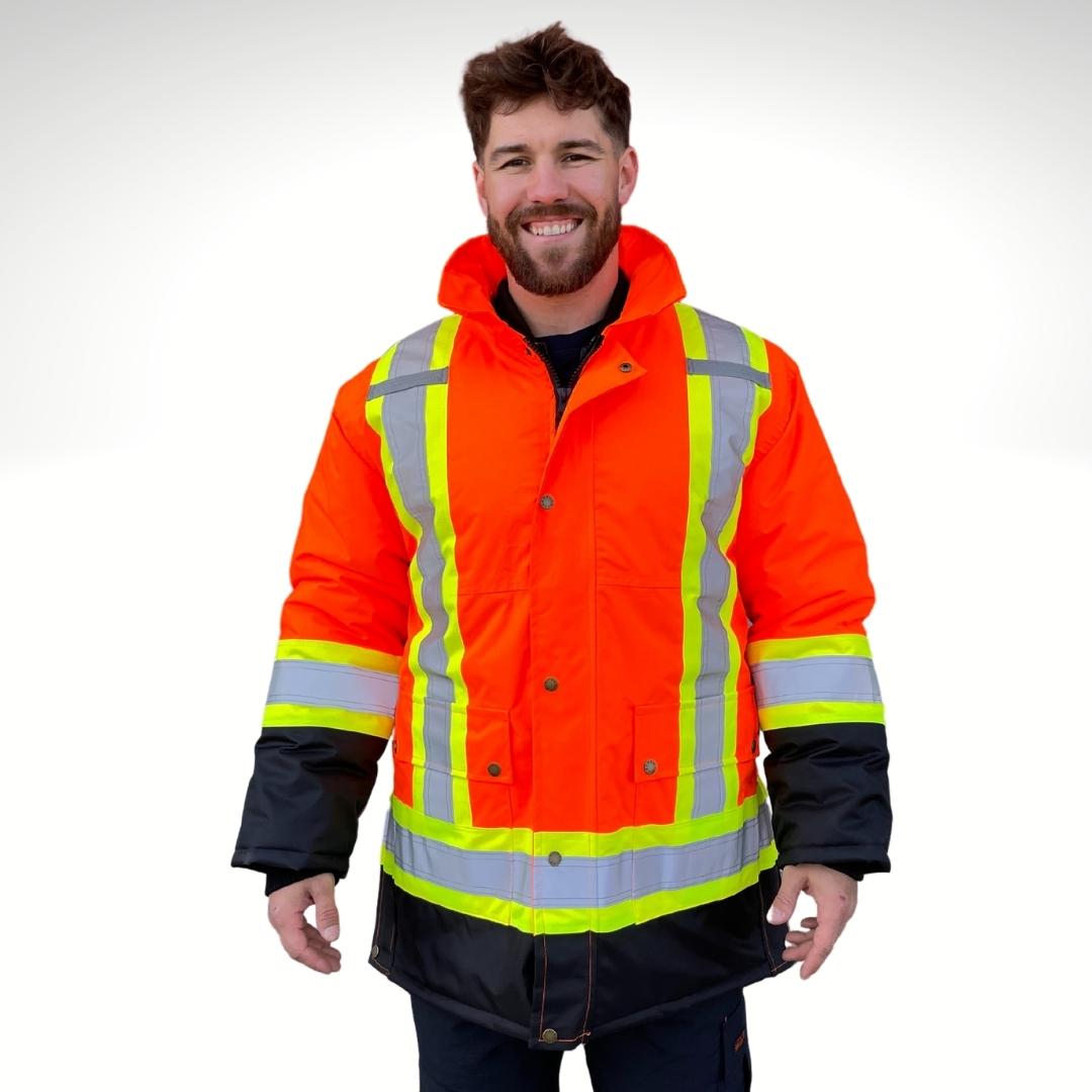 Men's Hi-Vis Parka Jacket. Hi-Vis Jacket is bright orange and black with yellow/silver/yellow reflective striping on torso and sleeves for high-visibility compliance. Hi-Vis Jacket is a 3-in-1 system with a Hi-Vis Liner. Hi-Vis Winter Jacket has copper buttons and two large pockets with flaps. 
