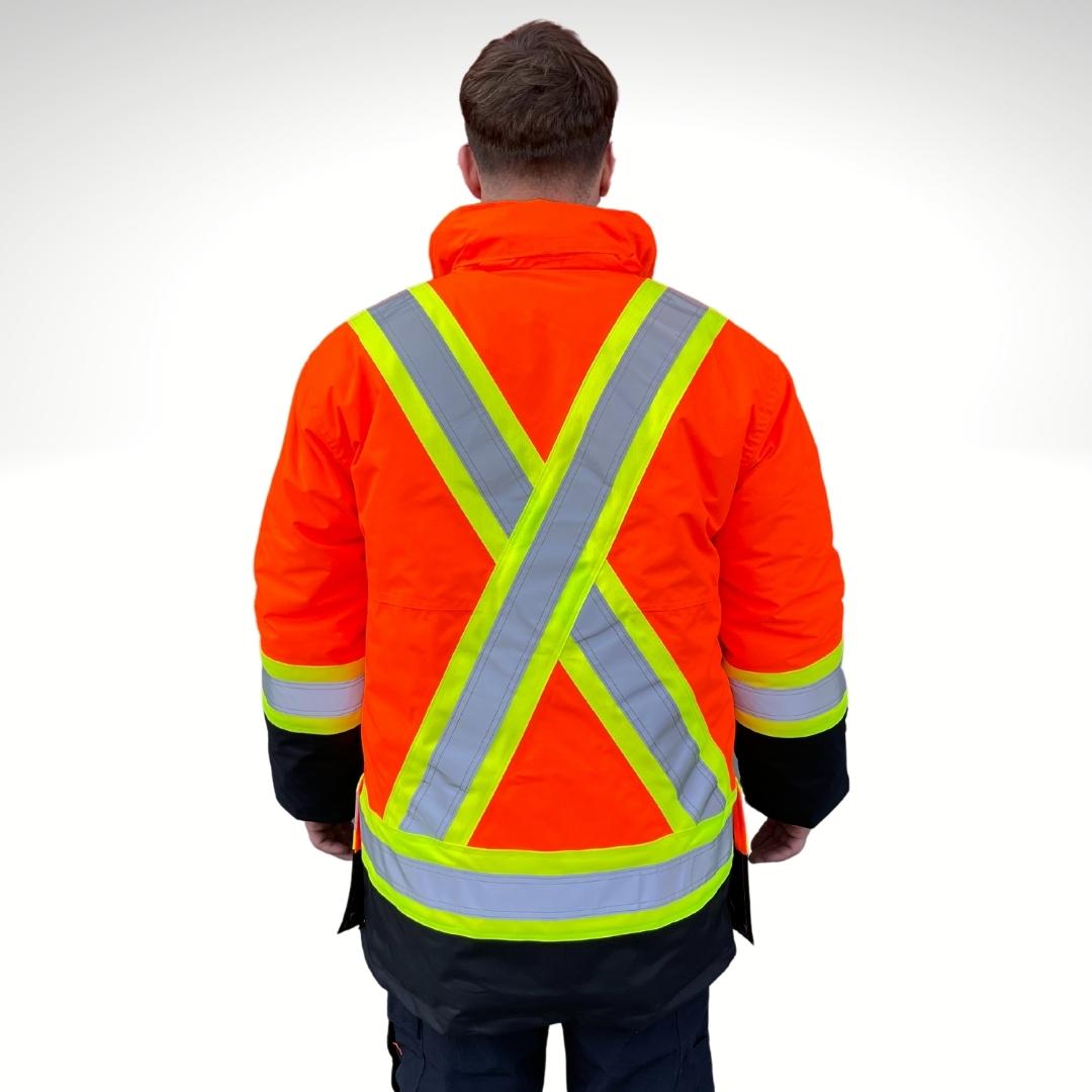 Men's Hi-Vis Winter Jacket. Hi-Vis Winter Jacket is a 3-in-1 system. Hi-Vis Jacket is bright orange and black with yellow/silver/yellow reflective striping on torso and sleeves for hi-vis compliance. Hi-Vis Jacket has a high collar and a detachable hood.