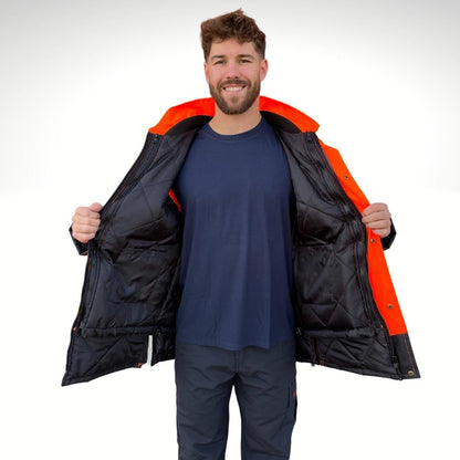 Men's Hi-Vis Winter Jacket. Hi-Vis Winter Jacket is bright orange and black with hi-vis striping for worksite compliance. Hi-Vis Jacket has a black quilted lining. Hi-Vis Jacket is a 3-in-1 system. Inner lining zips into outer hi-vis shell.
