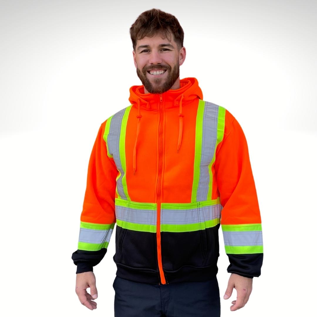 Men's Hi-Vis Hoodie. Hi-Vis Sweatshirt is bright orange and black with yellow/silver/yellow reflective striping on torso and sleeves for high-visibility compliance. Men's Hi-Vis Hoodie has an orange zipper and orange drawstrings. Hood is detachable for safety. Men's Hi-Vis Hoodie is made with polyester for fluorescence.