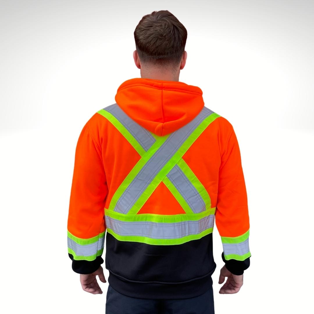Men's Hi-Vis Hoodie. Hi-Vis Hoodie is bright orange and black with yellow/silver/yellow reflective striping in an X pattern on back for high-visibility compliance. Men's Hi-Vis Hoodie is made with polyester for fluorescent color.